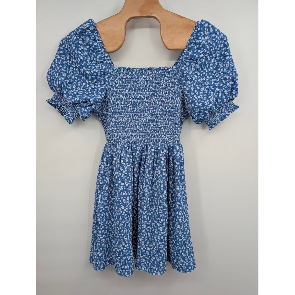 Hyacinth House Blue Ditsy Floral Pai Mini Dress Smocked Puff Sleeve sz L